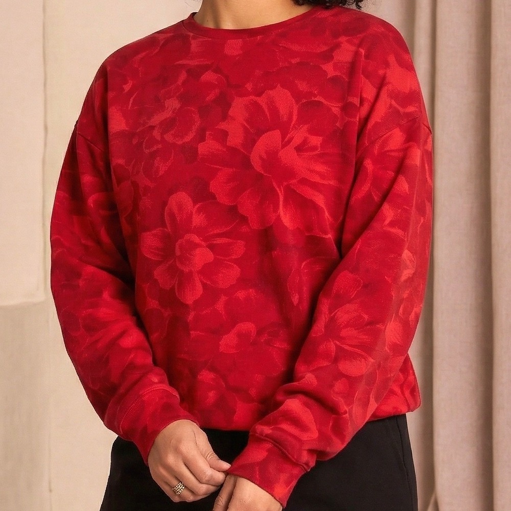 Athleta Floral Sweatshirt Women Small Tall Red‎ Excellent Jacquard Crewneck